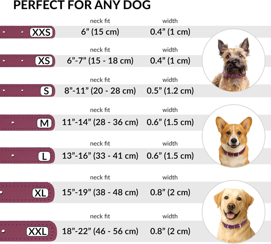 Handmade Soft Padded Rolled Leather Dog Collar - Genuine Leather for Small and Large Dogs and Cats - Available in Black, Pink, Red, Purple, and Blue (Total Length 9", Pink)