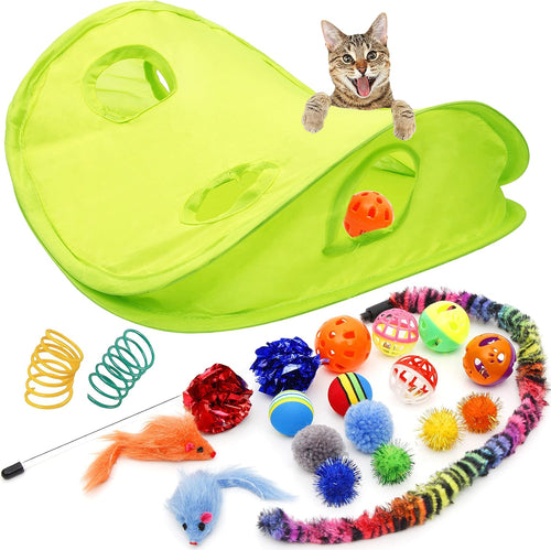 18-Piece Cat Toy Assortment - Teaser Wand, Interactive Bell Toy, Sparkle Balls, and Hide & Seek Toy for Kittens and Puppies