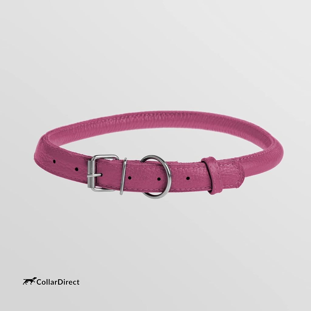 Handmade Soft Padded Rolled Leather Dog Collar - Genuine Leather for Small and Large Dogs and Cats - Available in Black, Pink, Red, Purple, and Blue (Total Length 9", Pink)