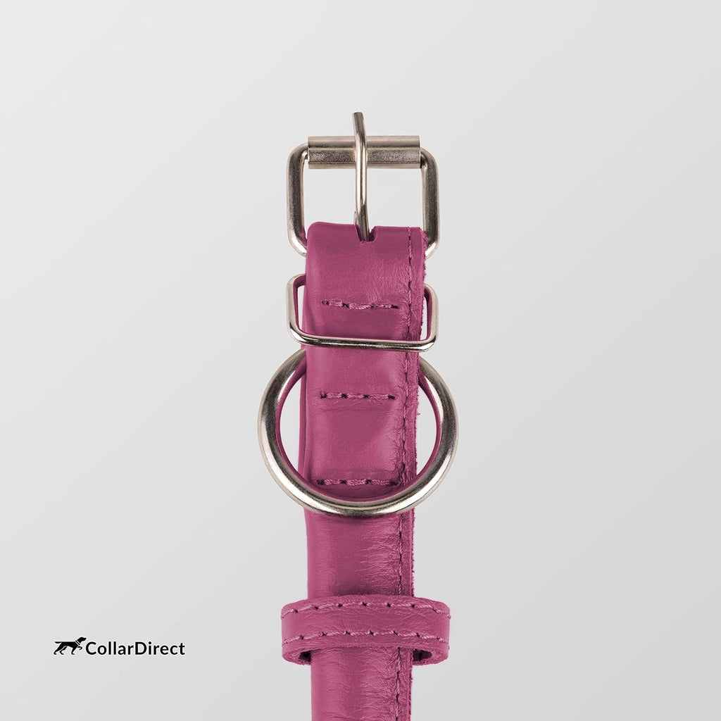 Handmade Soft Padded Rolled Leather Dog Collar - Genuine Leather for Small and Large Dogs and Cats - Available in Black, Pink, Red, Purple, and Blue (Total Length 9", Pink)
